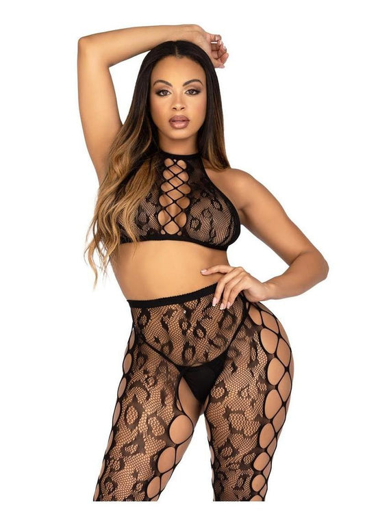 Leopard Net Crop Top and Crotchless Footless Tights