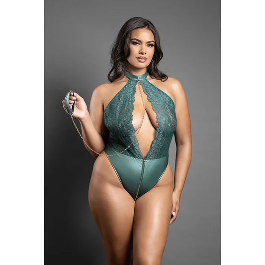 Fantasy Lingerie Domina Keyhole Halter Teddy with Detachable Chain-Link Leash Pine Green Queen Size